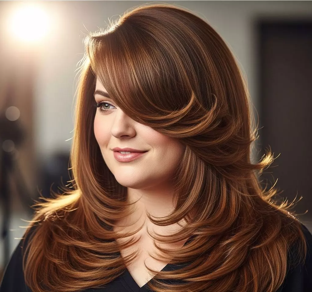 A heart-shaped face with flowing long layers, styled with a deep side part starting above the eyebrow, creating a dramatic, elongating effect