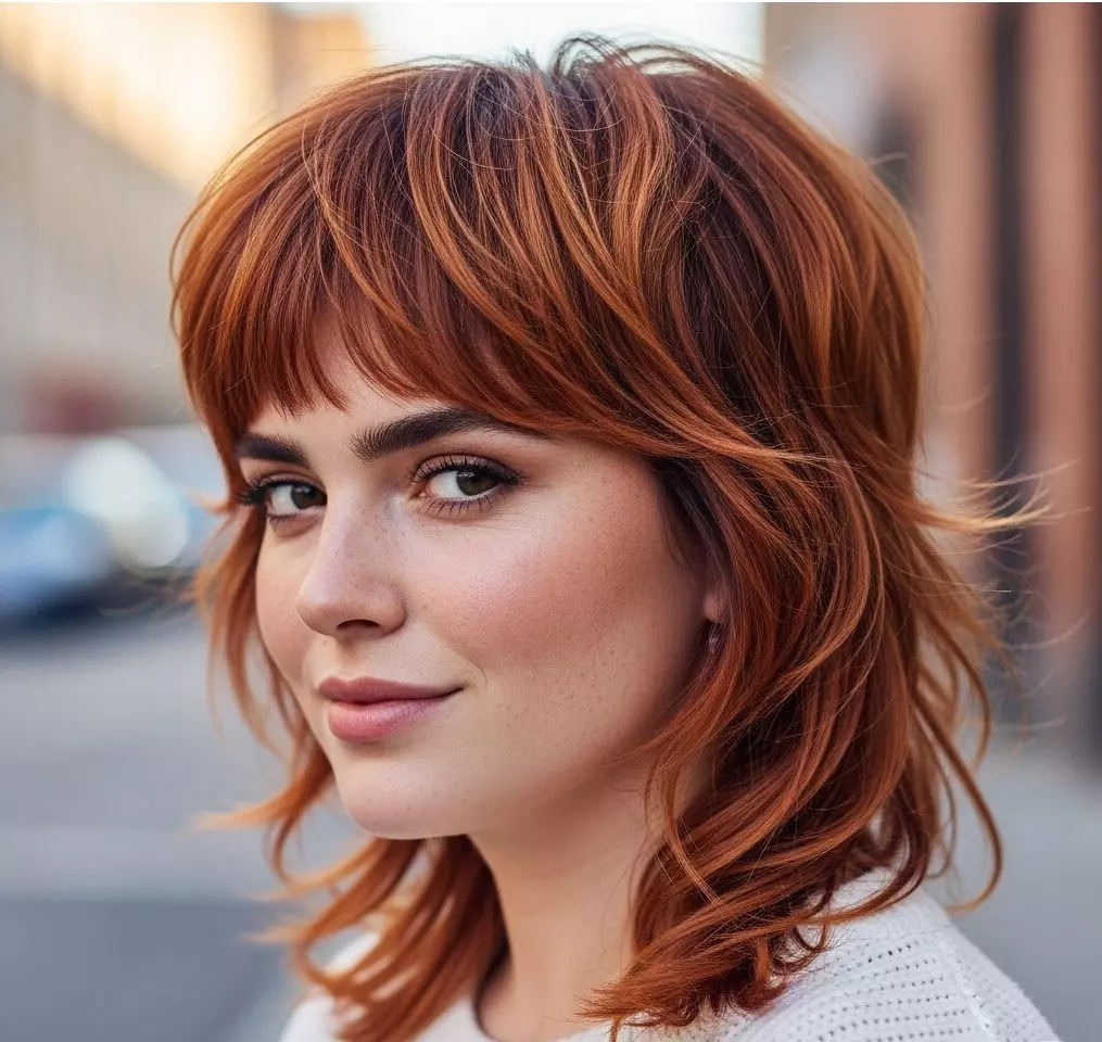 A trendy modern mullet with soft, graduated layers at the back and face-framing front layers, styled on a round-faced woman for a bold, Instagram-worthy look.