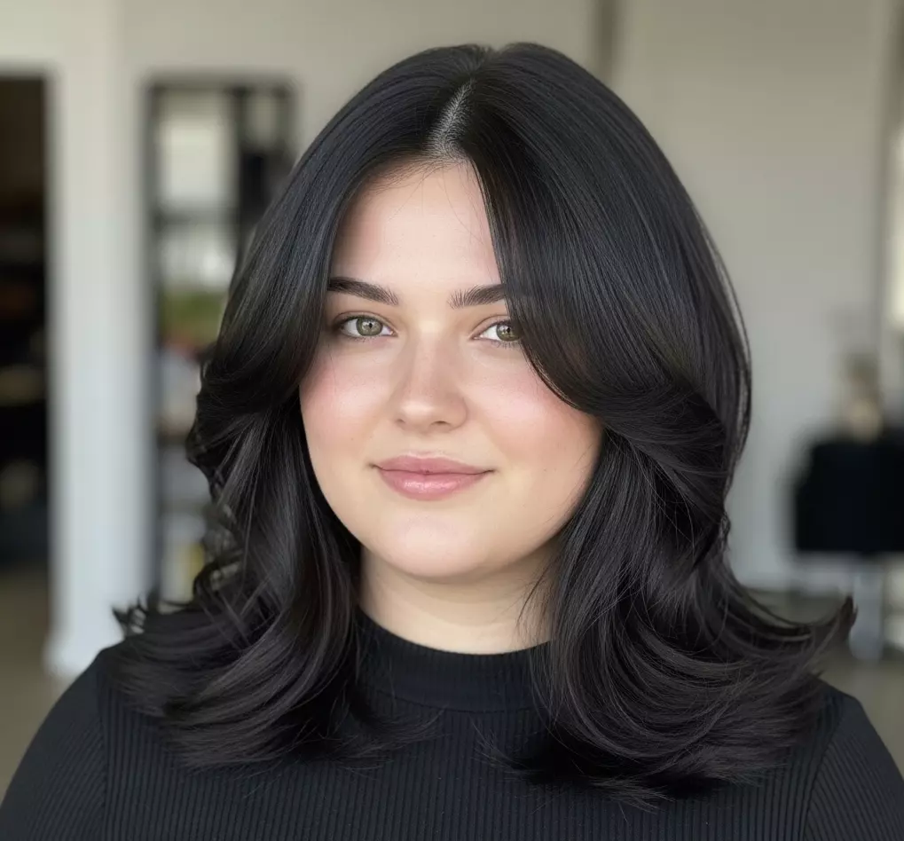 A woman with a round face sporting a sleek, tousled lob with soft curls framing the face, collarbone-length ends, and butterfly layers adding depth under cheekbones