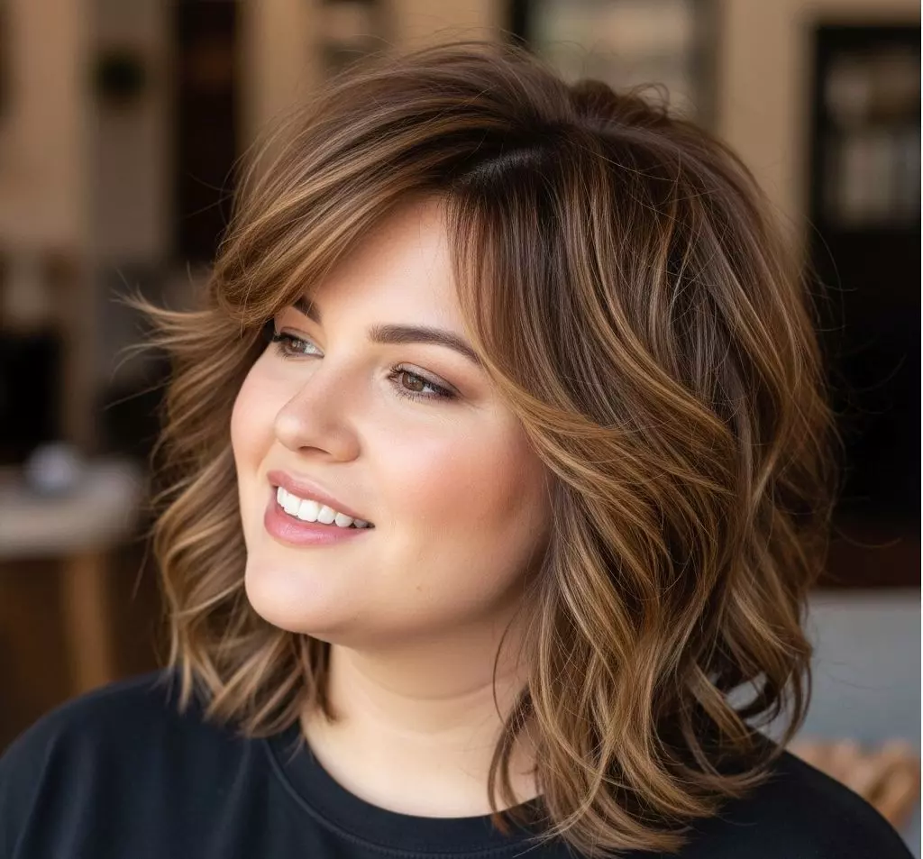 An effortless mid-length shag with soft, razored ends, styled with volume at the roots to diffuse the jawline on a woman with an oval face