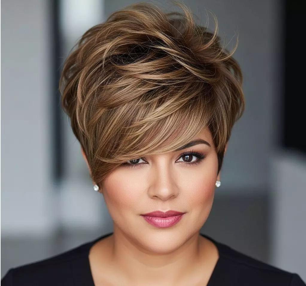 A bold pixie cut on a diamond-faced woman, with a voluminous crown and side-swept bangs, styled with texture to emphasize height and slim the jawline