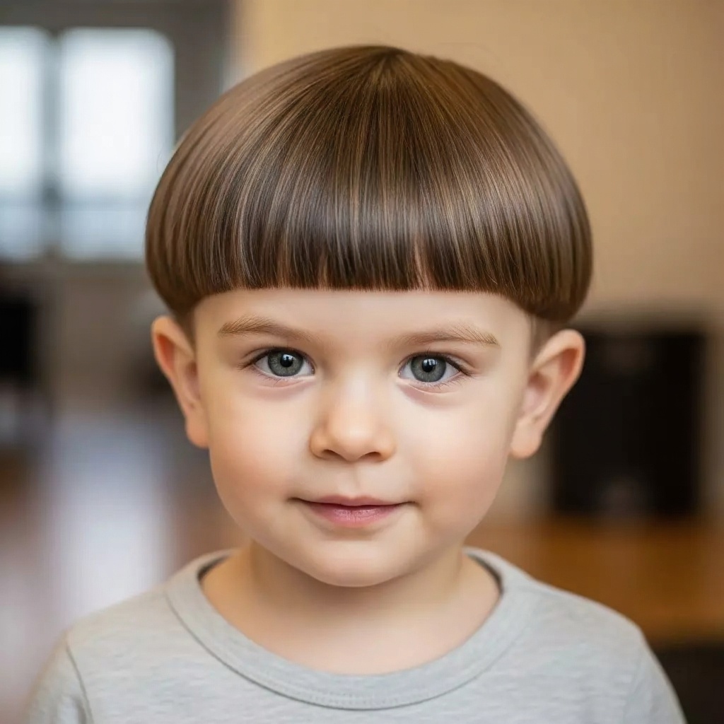Toddler with a neat, modern bowl cut