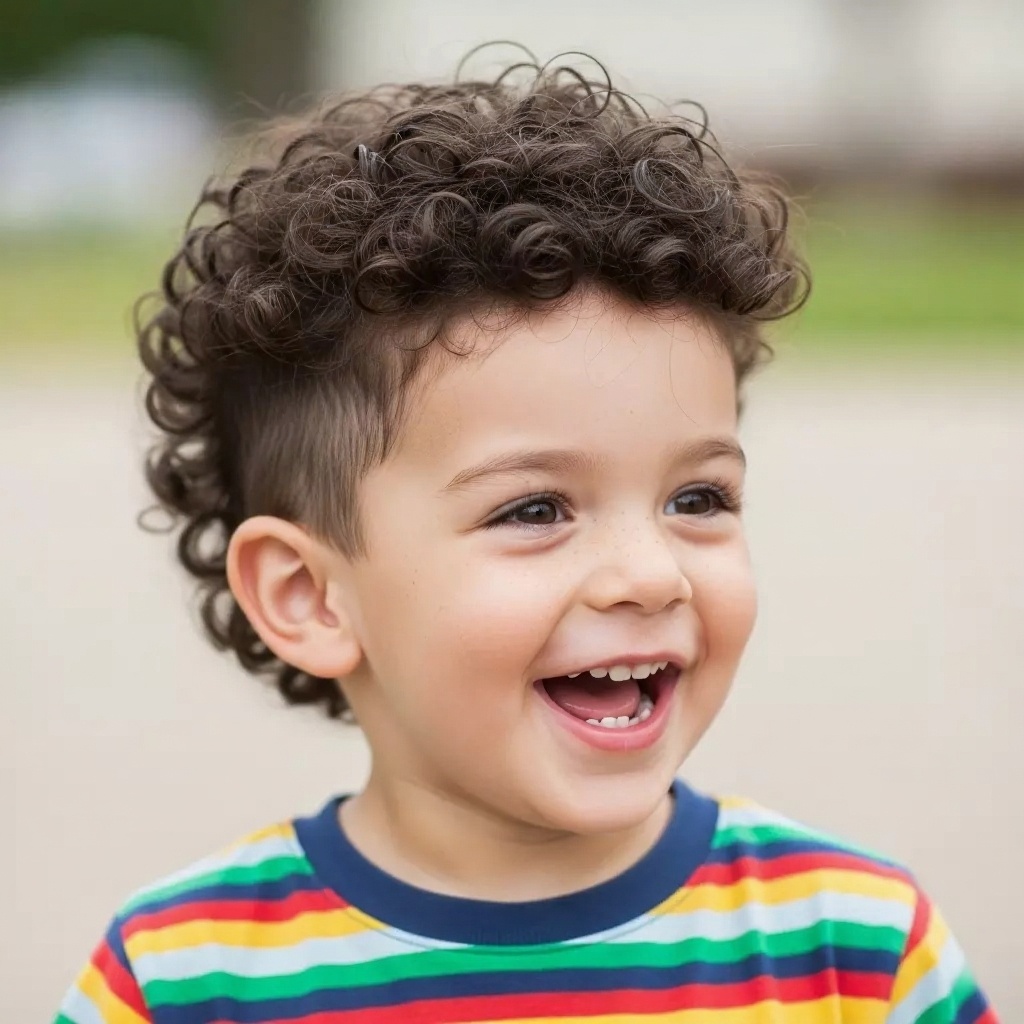 Toddler boy with bouncy, natural curls on top