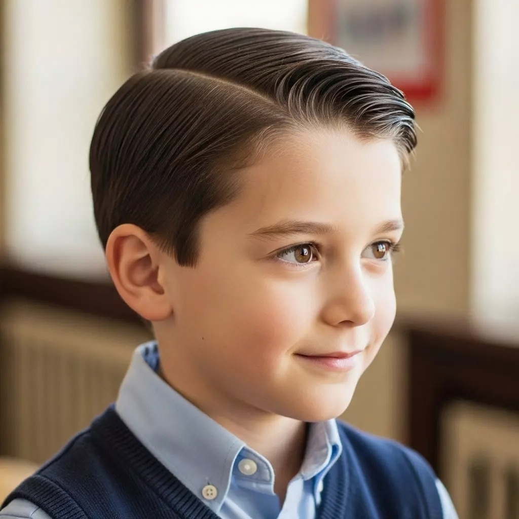 Boy with a neat classic side part haircut