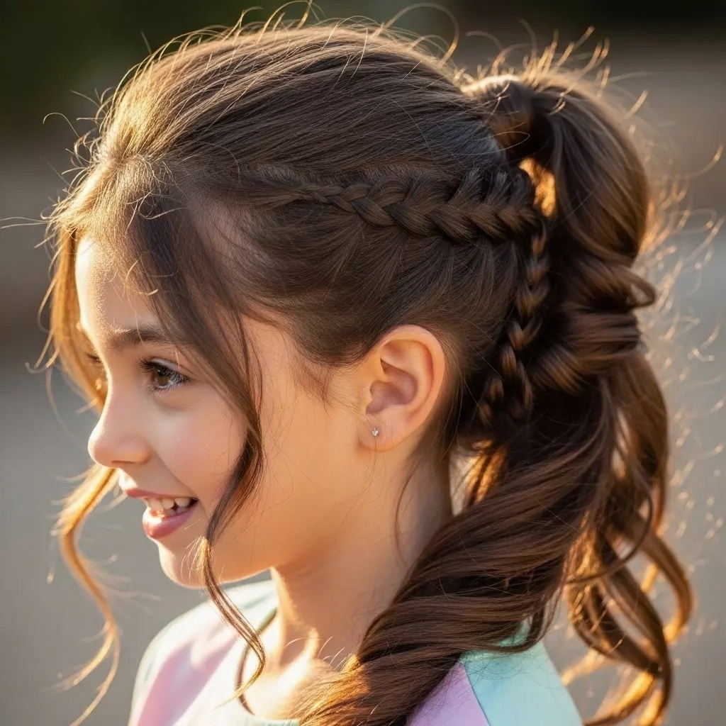 Girl with a creative ponytail featuring a twist or braid detail