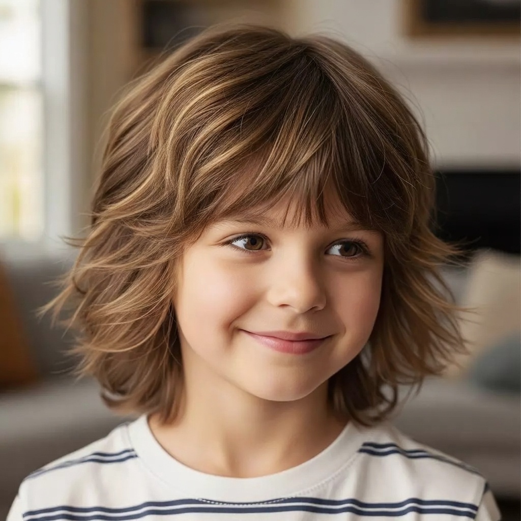 Child with a modern, layered shag haircut
