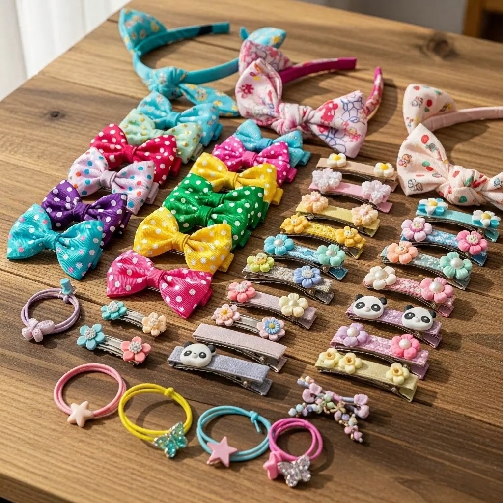 Various colorful kids' hair accessories like clips, bows, headbands