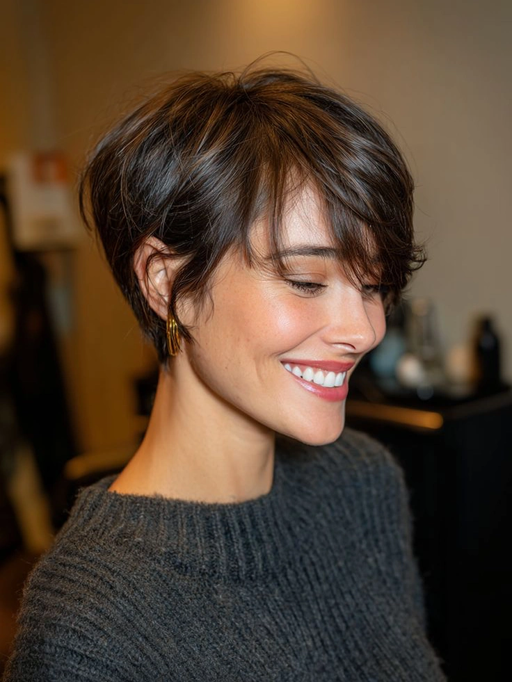 Long pixie variation, jaw-length top layers covering ears