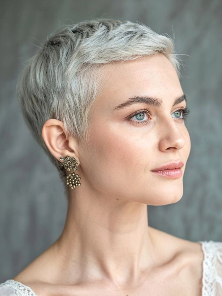 Platinum bleached pixie cut, high-contrast cyberpunk style