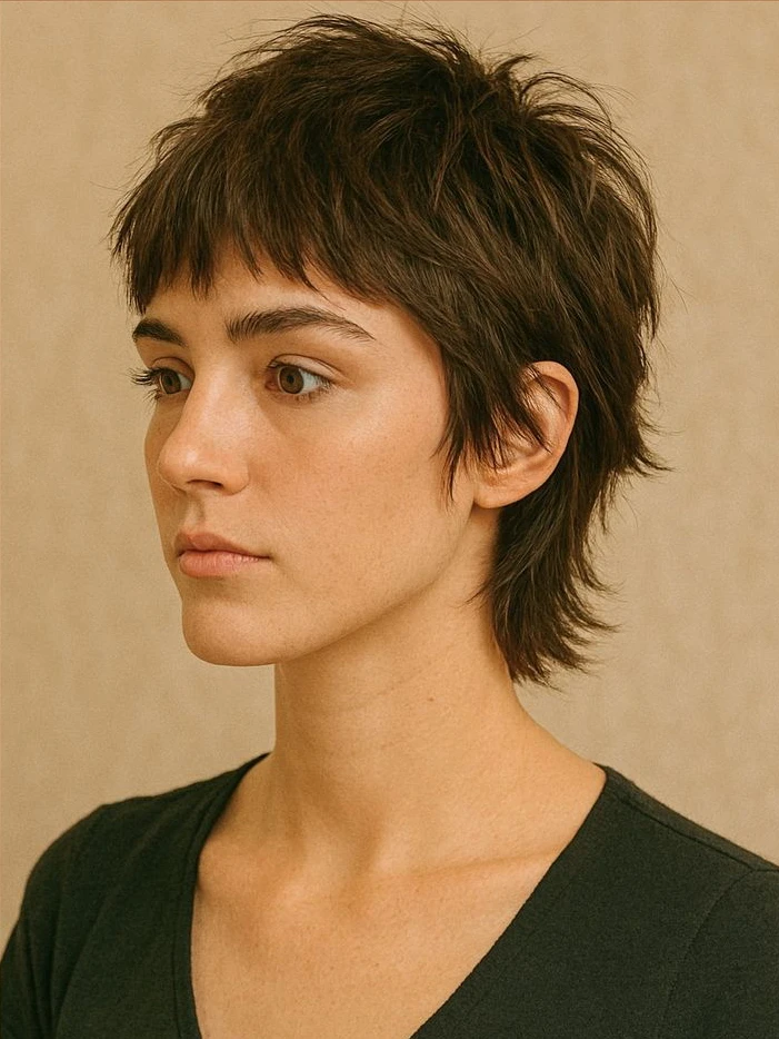 Wolf cut shag: layered crown and 10cm flipped-back ends