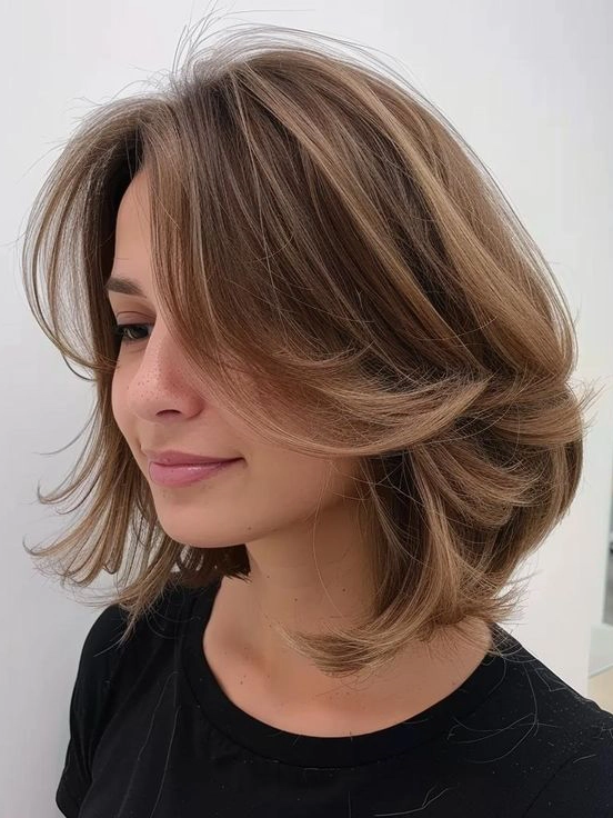 Butterfly layered cut: voluminous crown and feathered ends