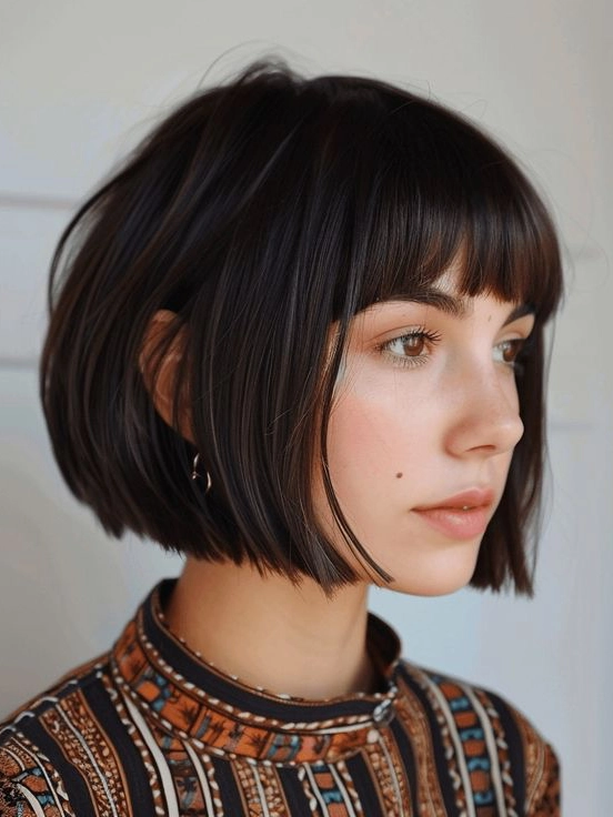 Short baby bob with blunt-cut ends and baby bangs
