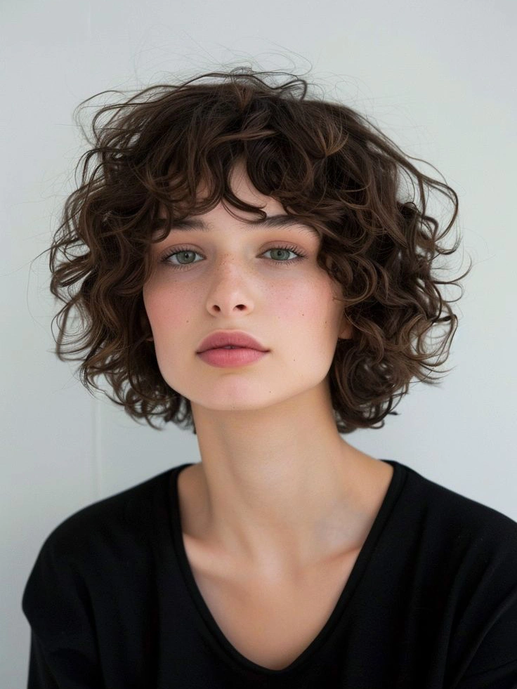 Textured curly bob hairstyle with voluminous ringlets