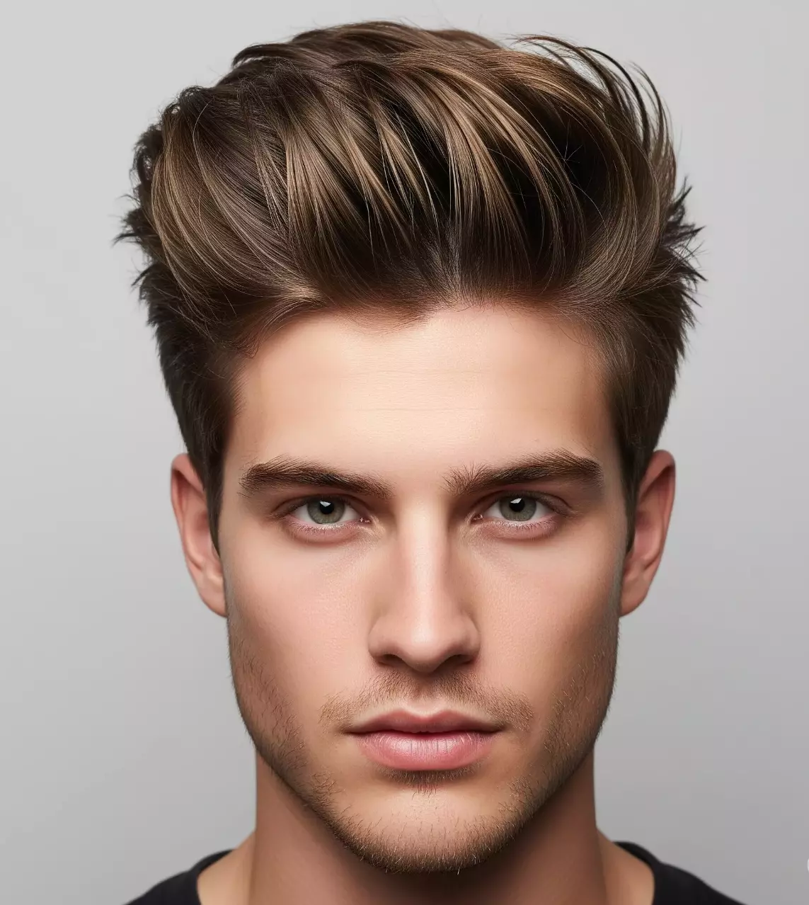 Man with modern textured quiff, side fade, natural light, urban background, stylish