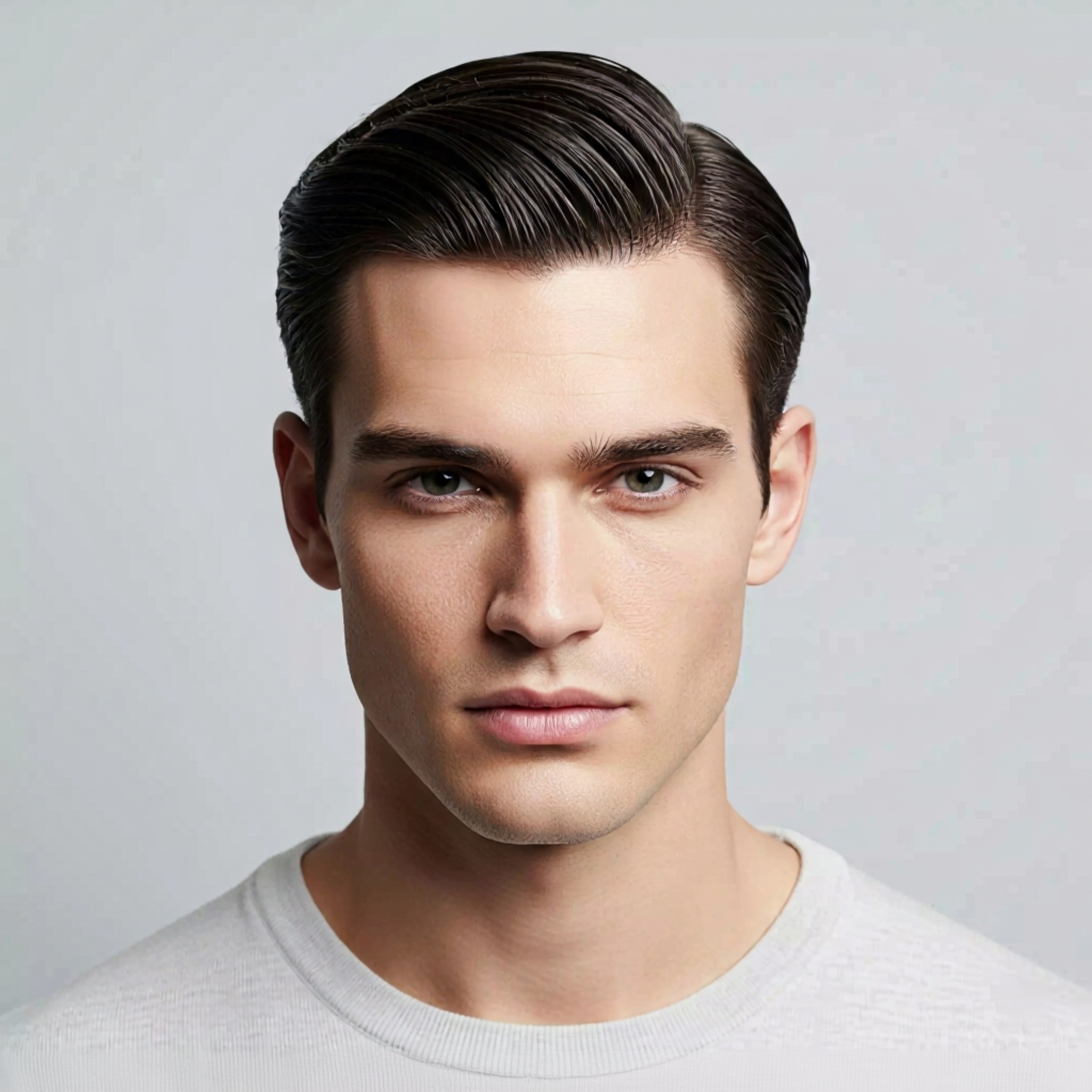 Man with classic slick back side part, neat haircut, suit, elegant, professional look