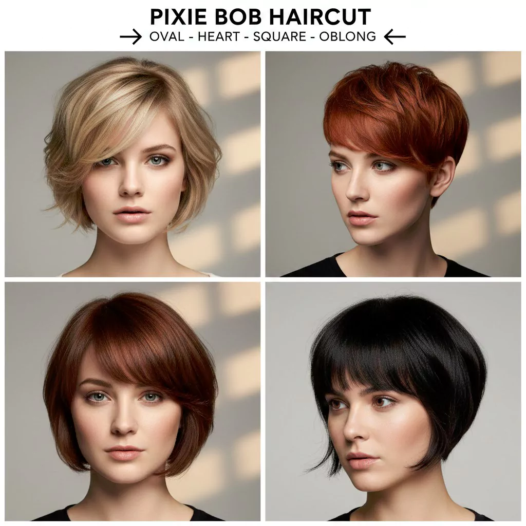 Pixie bob haircut on different face shapes: oval, heart, square collage