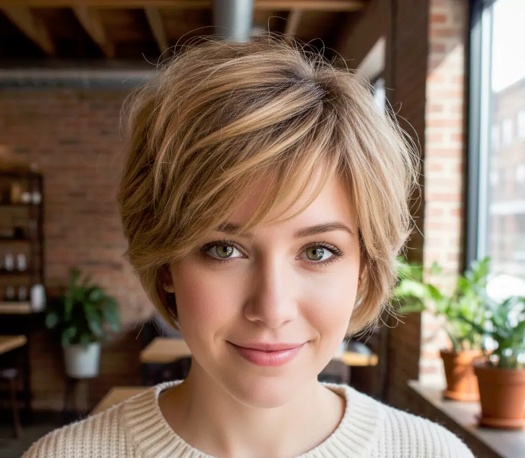 Pixie bob haircut with a tapered nape and longer face-framing layers, modern salon finish