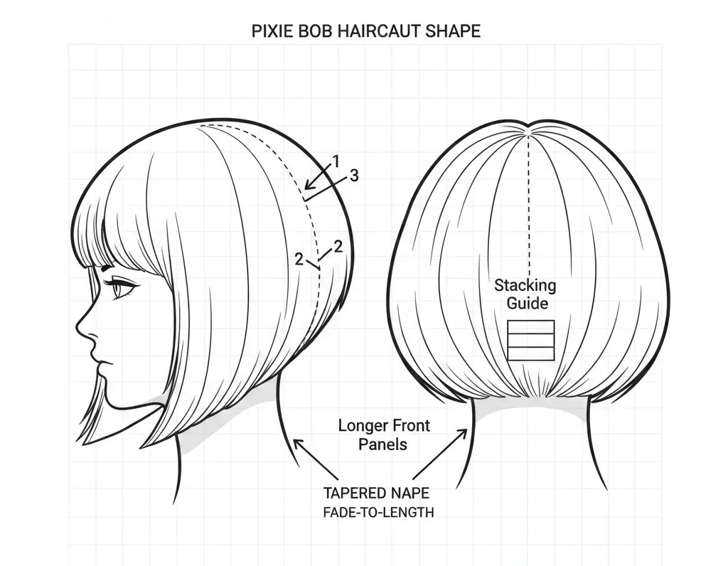 Pixie bob haircut shape diagram: tapered nape, crown lift, longer front pieces