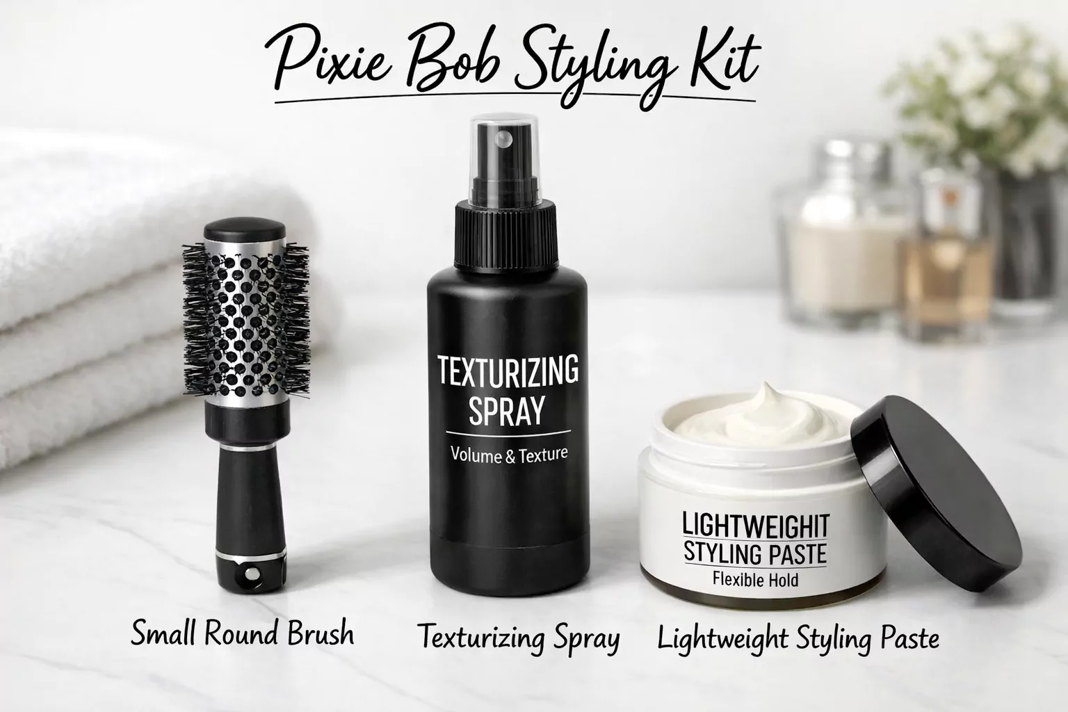 Pixie bob styling kit: small round brush, texturizing spray, lightweight paste
