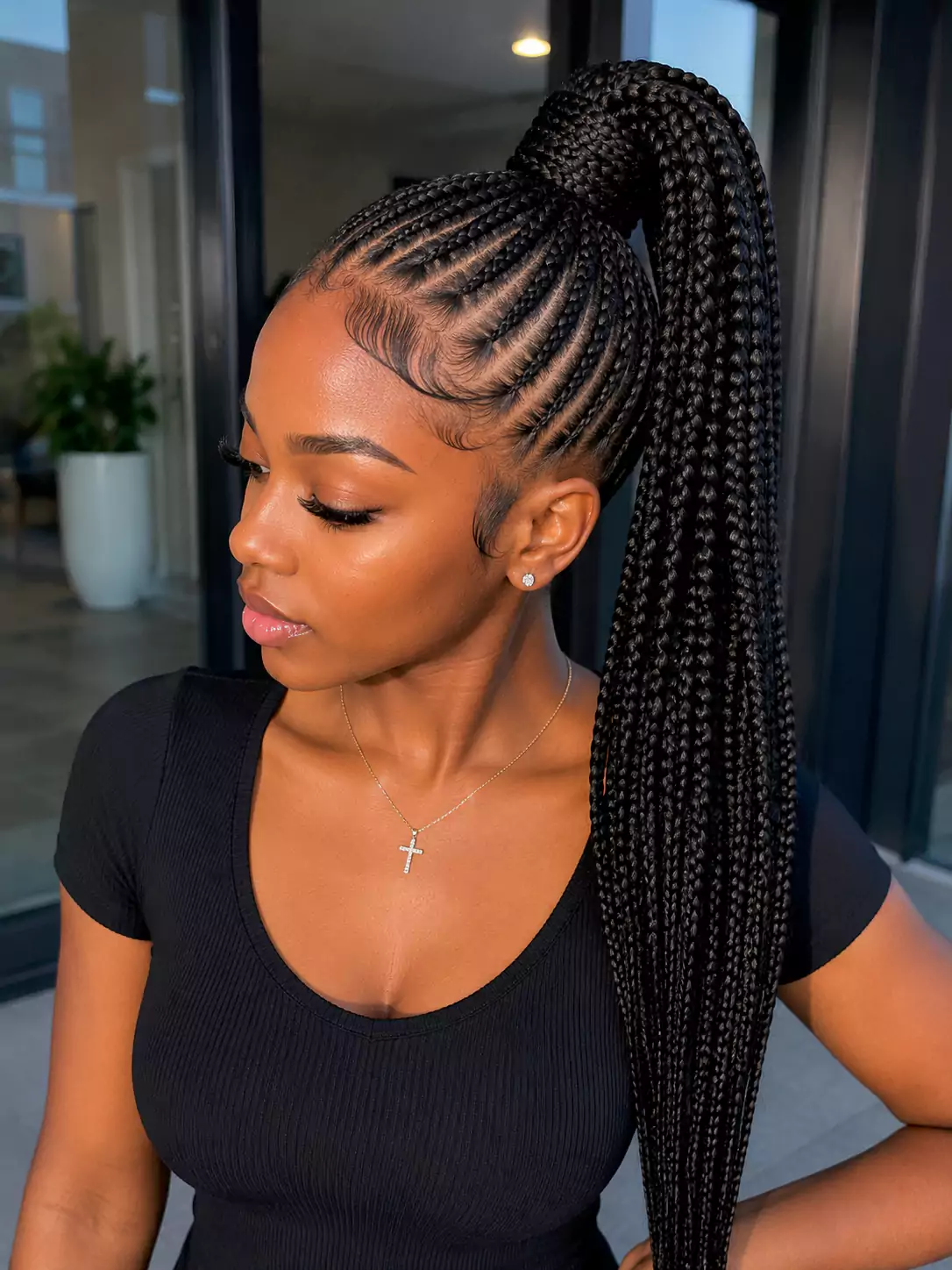 Black girl wearing a long braided ponytail hairstyle with feed-in braids