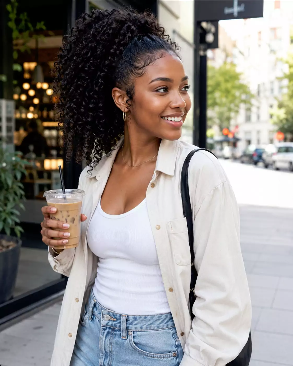 Black girl wearing a high curly ponytail hairstyle with defined natural curls