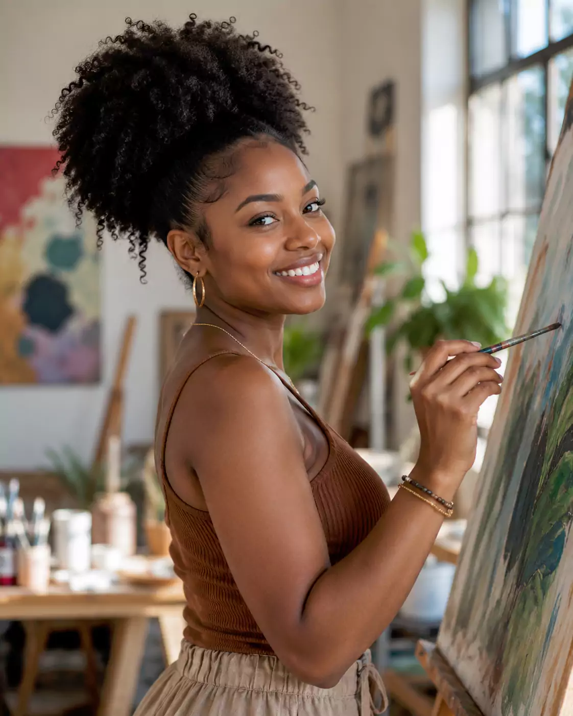 Black girl wearing a natural puff ponytail hairstyle with textured curly hair