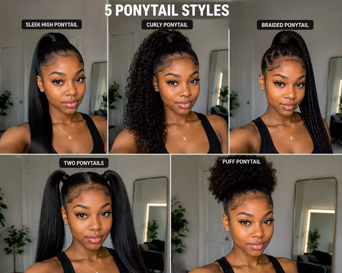 Black girl comparing sleek high ponytail, curly ponytail, braided ponytail, two ponytails, and puff ponytail hairstyles with AI hairstyle try-on