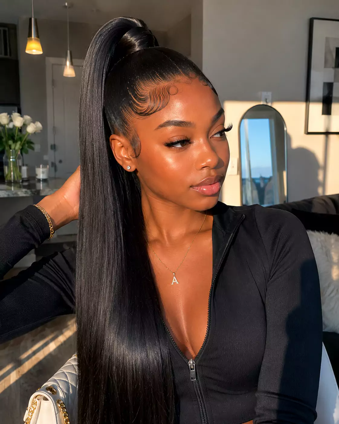 Black girl wearing a sleek high ponytail hairstyle with laid edges and long straight hair