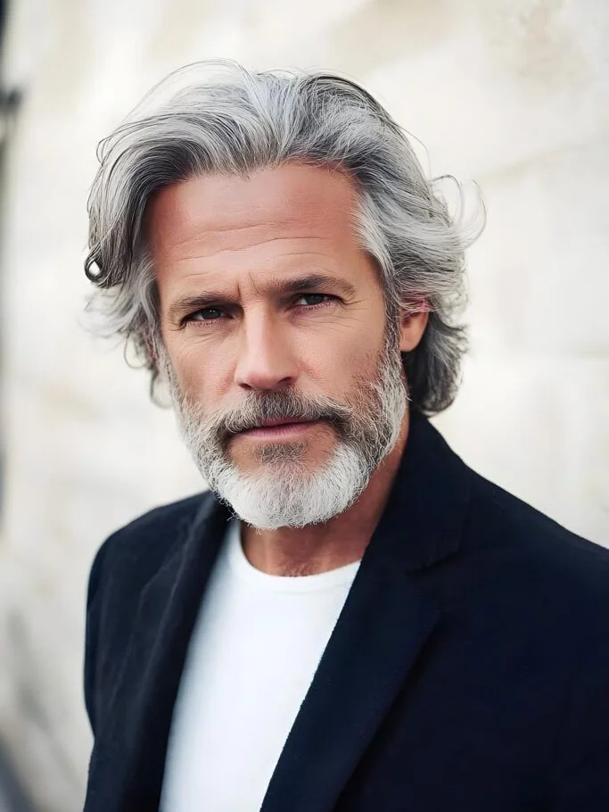 Classic solid silver hair style with a white beard