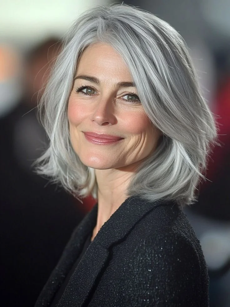 Classic solid silver hair style - full bright silver white hair color on model