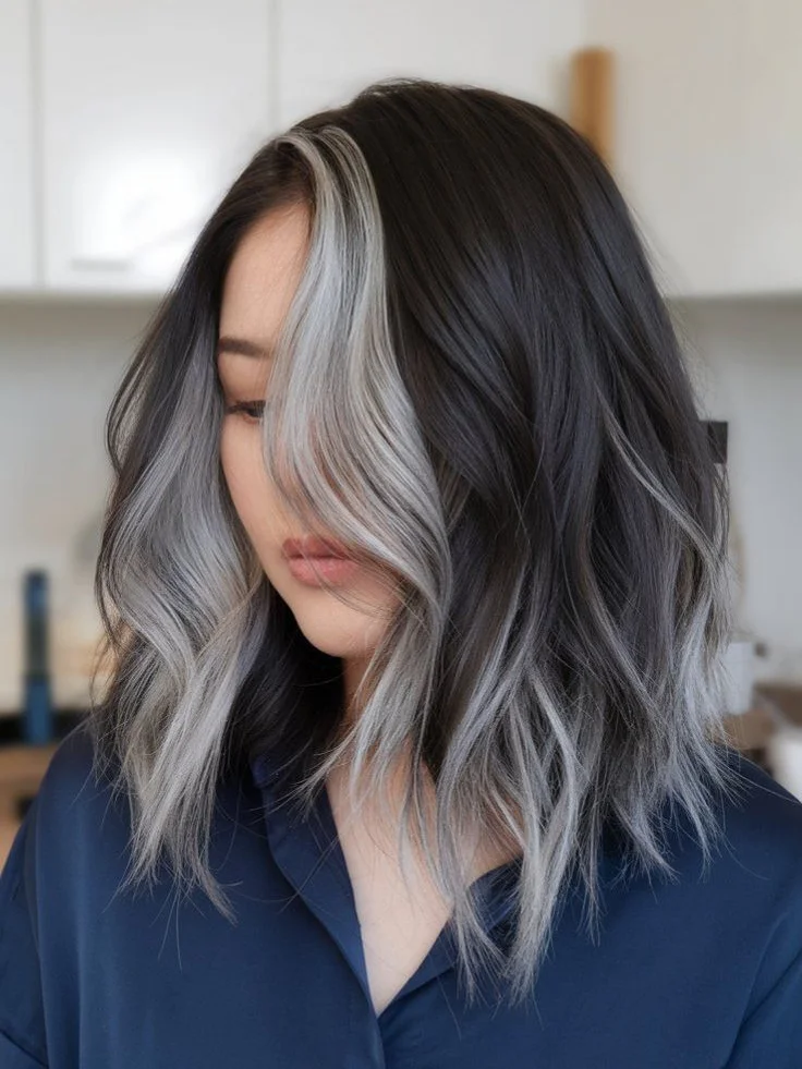 Silver gray highlights and lowlights in black hair for subtle contrast