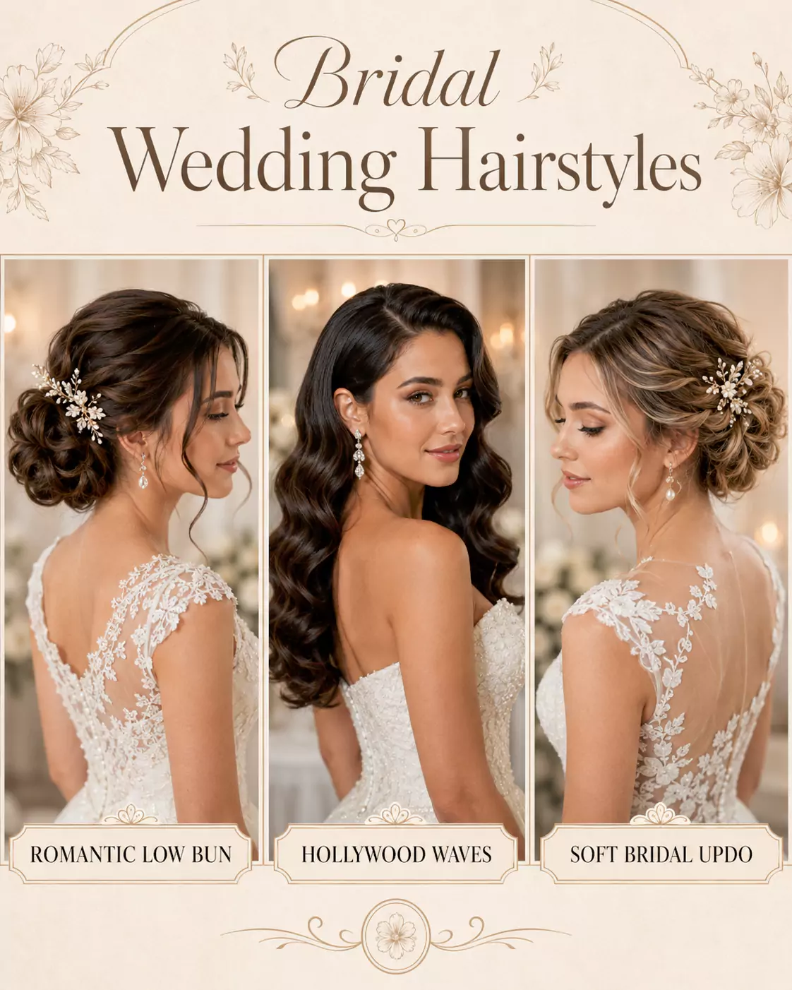 Bridal wedding hairstyles with romantic low bun, Hollywood waves and soft bridal updo