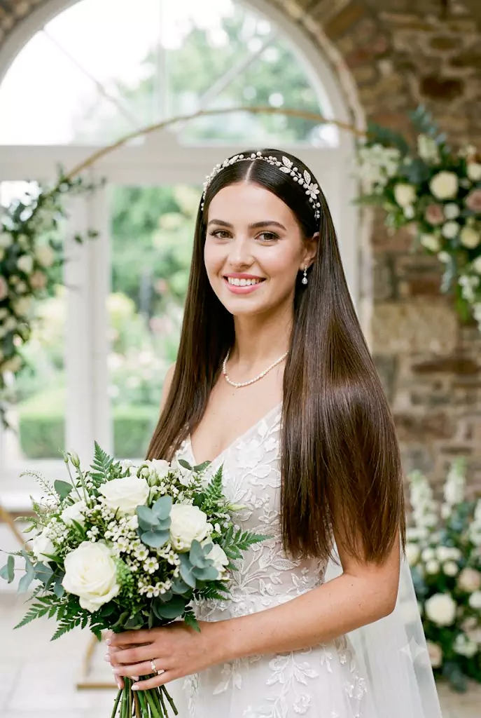 Glossy straight hair wedding hairstyle with middle part