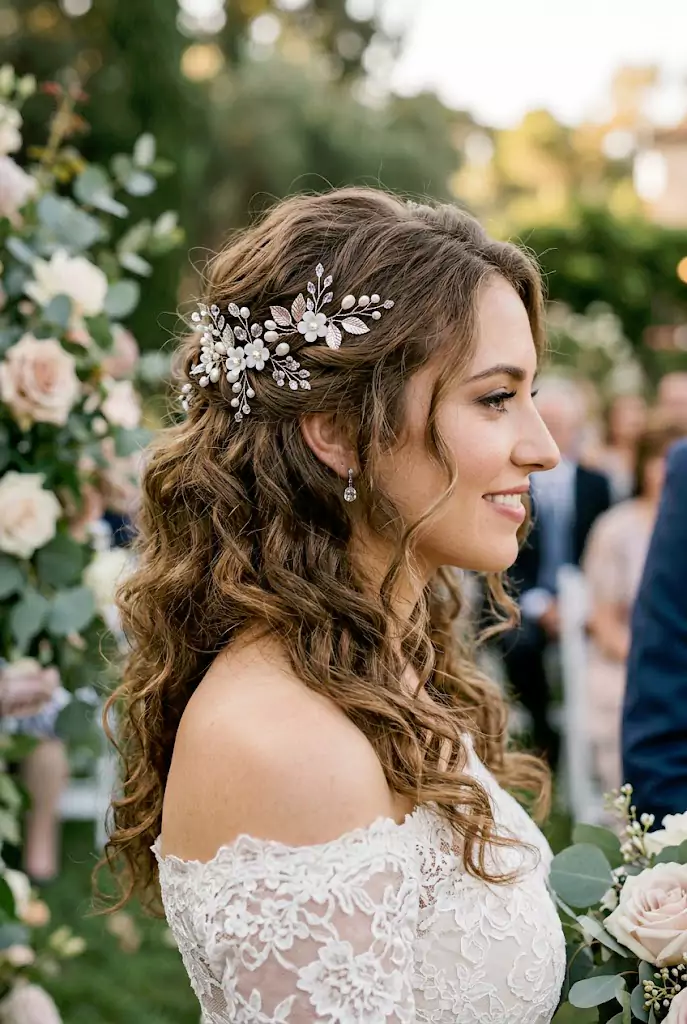 Loose curls with pins wedding hairstyle