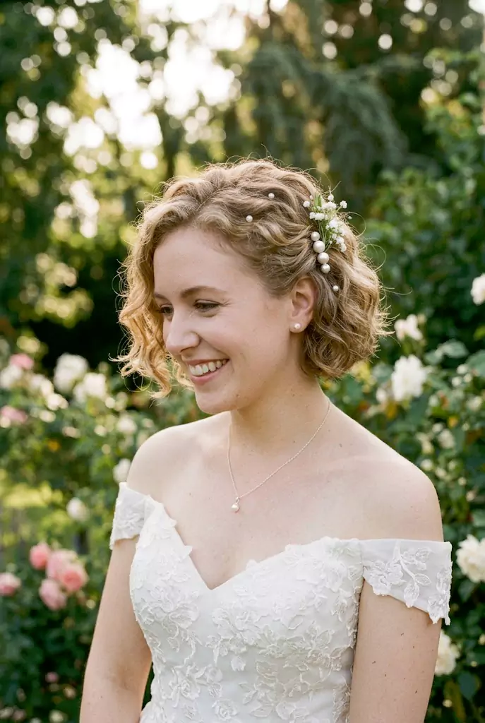 Short wedding hairstyle with pearl pins