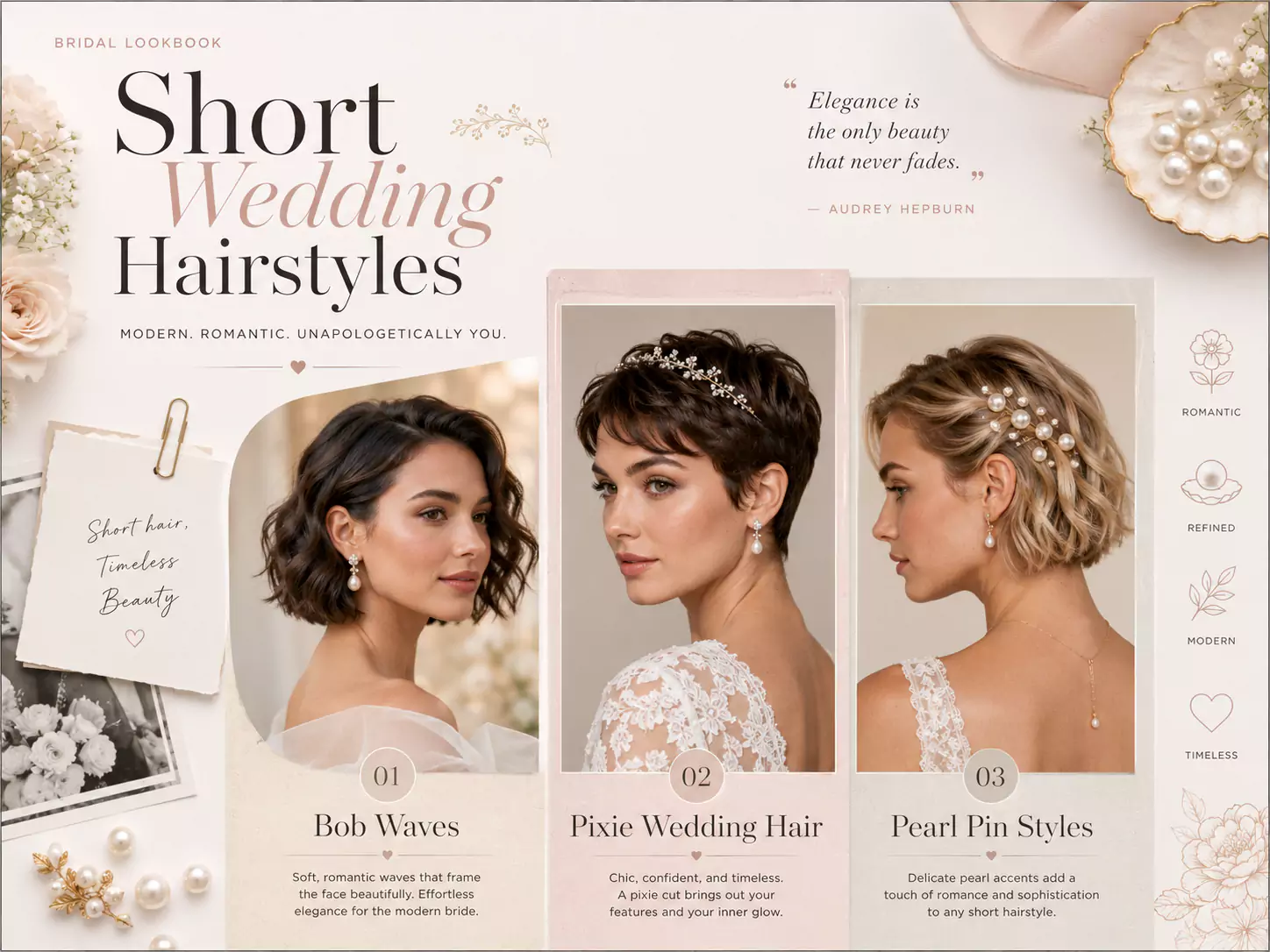 Short wedding hairstyles showing bob waves, pixie wedding hair and pearl pin styles