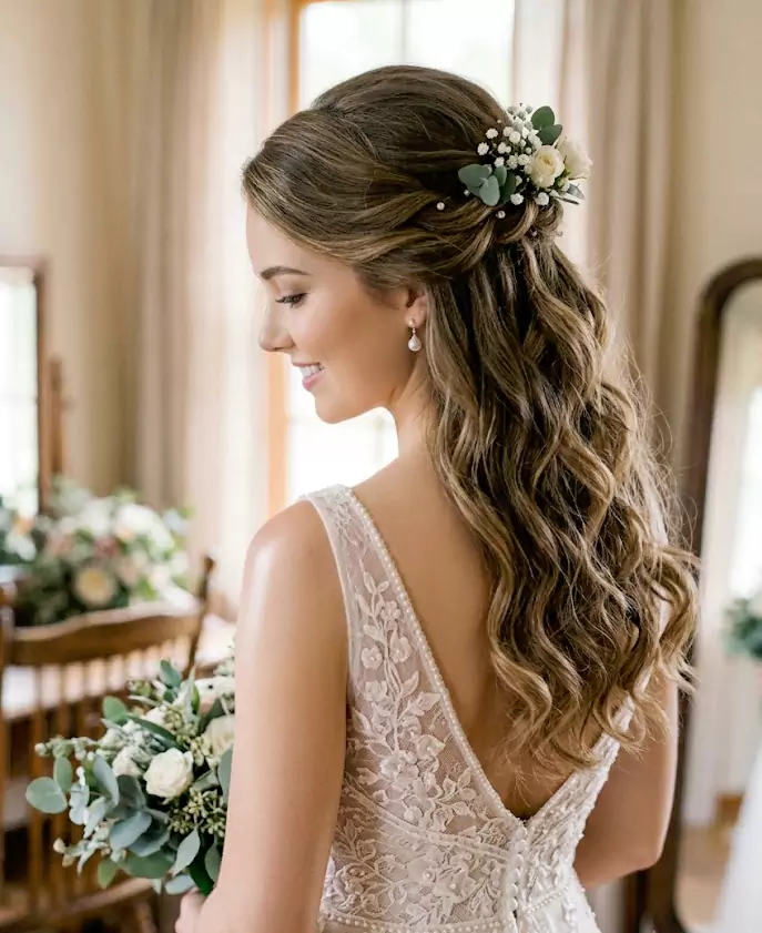 Simple half up waves wedding hairstyle