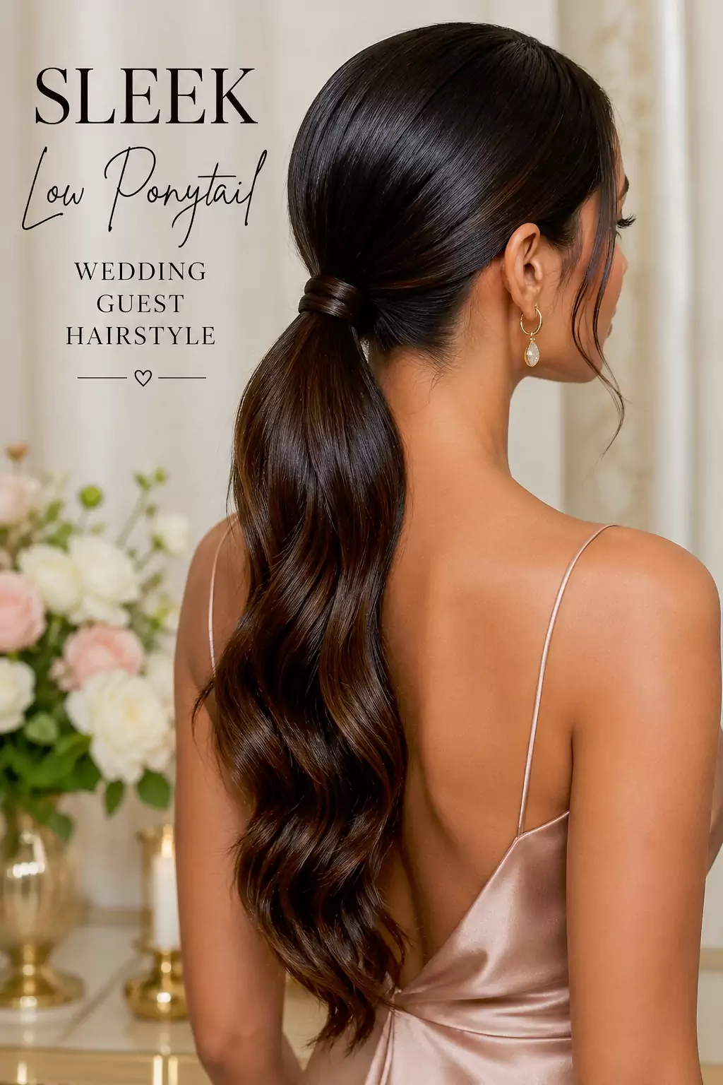 Sleek low ponytail wedding guest hairstyle