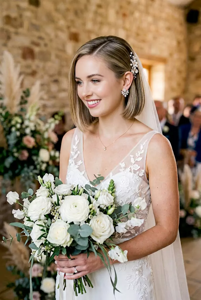 Sleek side part bob wedding hairstyle