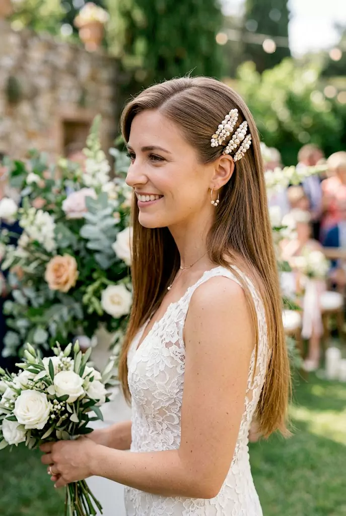 Straight wedding hairstyle with pearl clips
