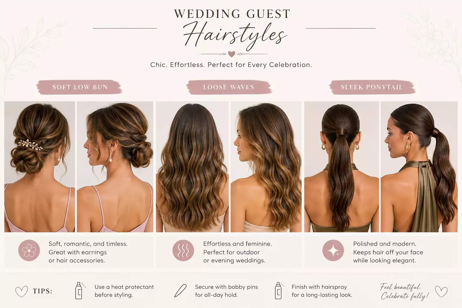 Wedding guest hairstyles including soft low bun, loose waves and sleek ponytail
