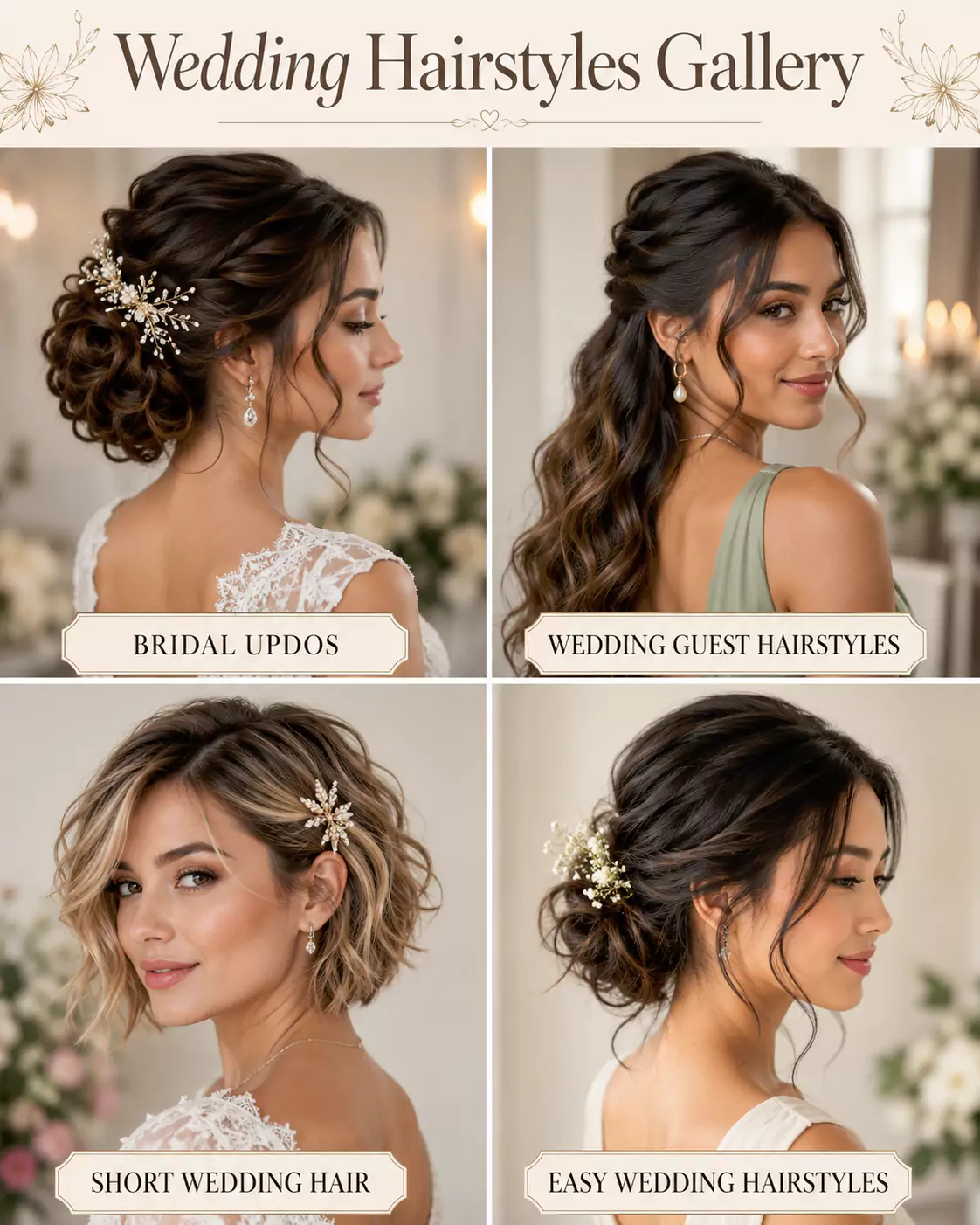 Wedding hairstyles gallery showing bridal updos, wedding guest hairstyles, short wedding hair and easy wedding hairstyles